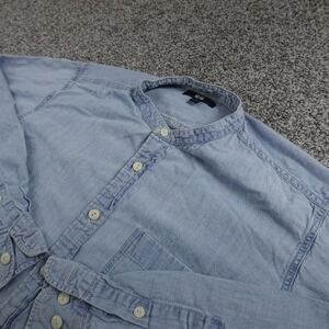 Uniqlo Shirt Mens M Blue Chambray Denim Band Collar Button Up Long Sleeve Casual